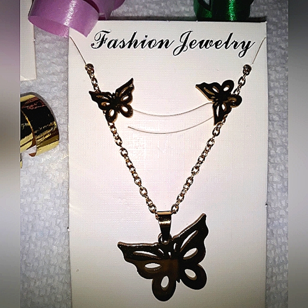 Minimalist Butterfly Necklace Earrings Set Gold Pl over Stainless Jewelry NEW